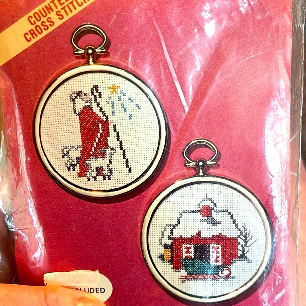 New Christmas Cross Stitch Kit 2 frames 2.5” with glass plus cross stitch chart